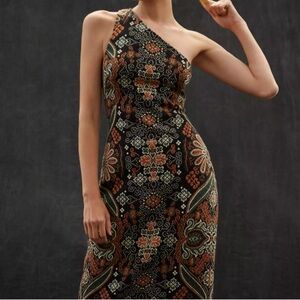 Anthropologie One-Shoulder Black Floral Paisley Midi Dress